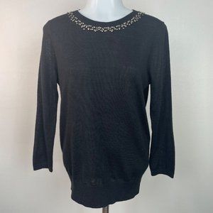 LOFT Sweater Small Black Embellished Neckline 3/4 Sleeve Pullover Women's